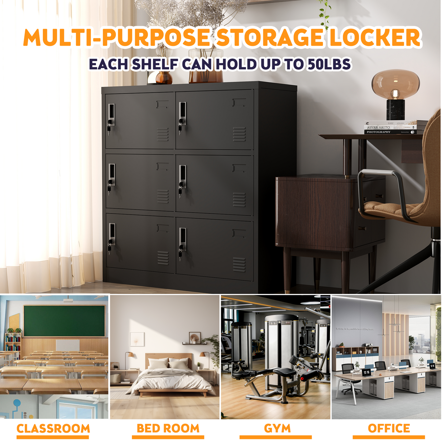VIYET 6-Door Metal Storage Locker with Lock and Card Slot, Freestanding Office, Gym, School & Home Storage Cabinet, Durable Black Steel
