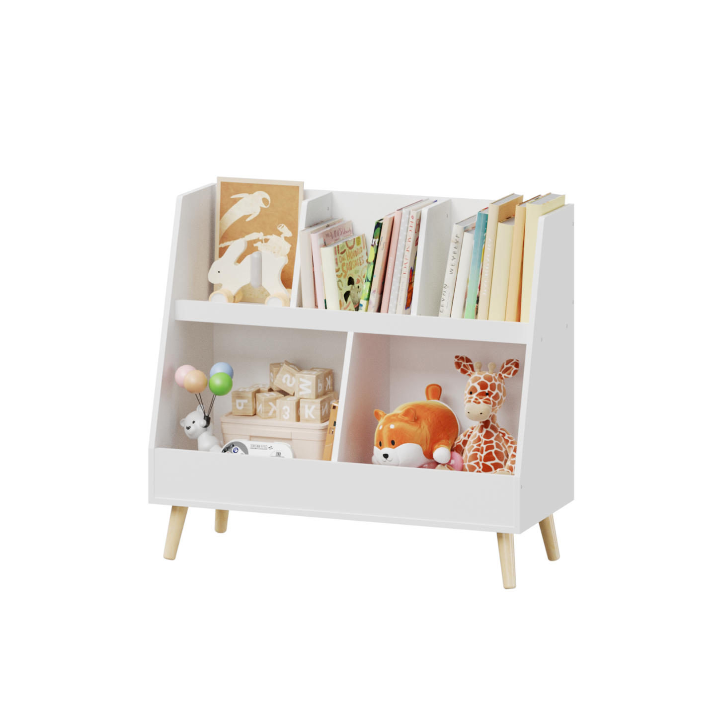 VIYET 28" Kids 5-Cubby Bookshelf Toy Organizer,White Wooden 2-Tier Storage Rack w/ Pine Legs (Anti-Tipping Nursery/Playroom Organizer)
