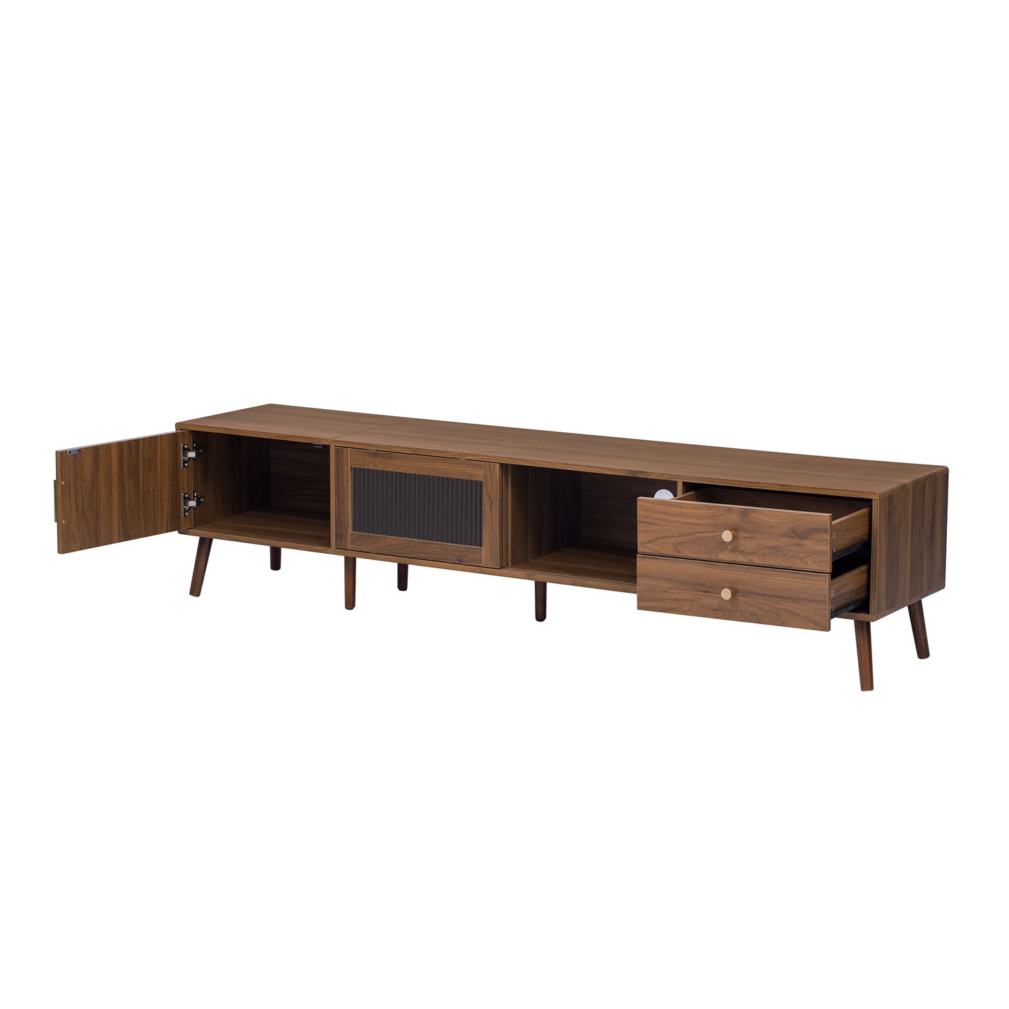VIYET 77"Modern Minimal TV Stand, Wood-Grain Glass-Door Media Console (for TVs up to 85"), Solid Wood+MDF Storage Cabinet