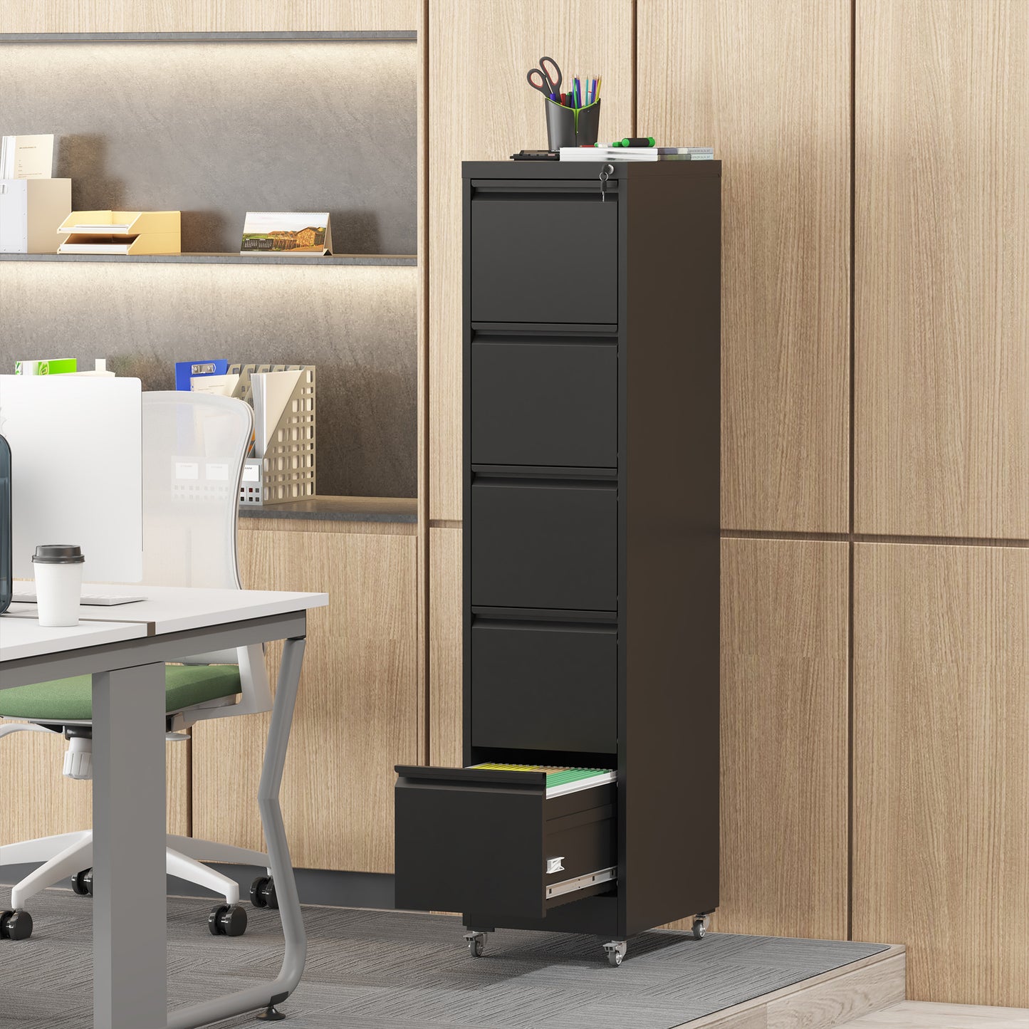 VIYET 64"H 5-Drawer Black Metal Vertical File Cabinet with Lock & Wheels, Heavy-Duty Storage for Home Office, Fits A4/Letter/Legal (Assembly Required)