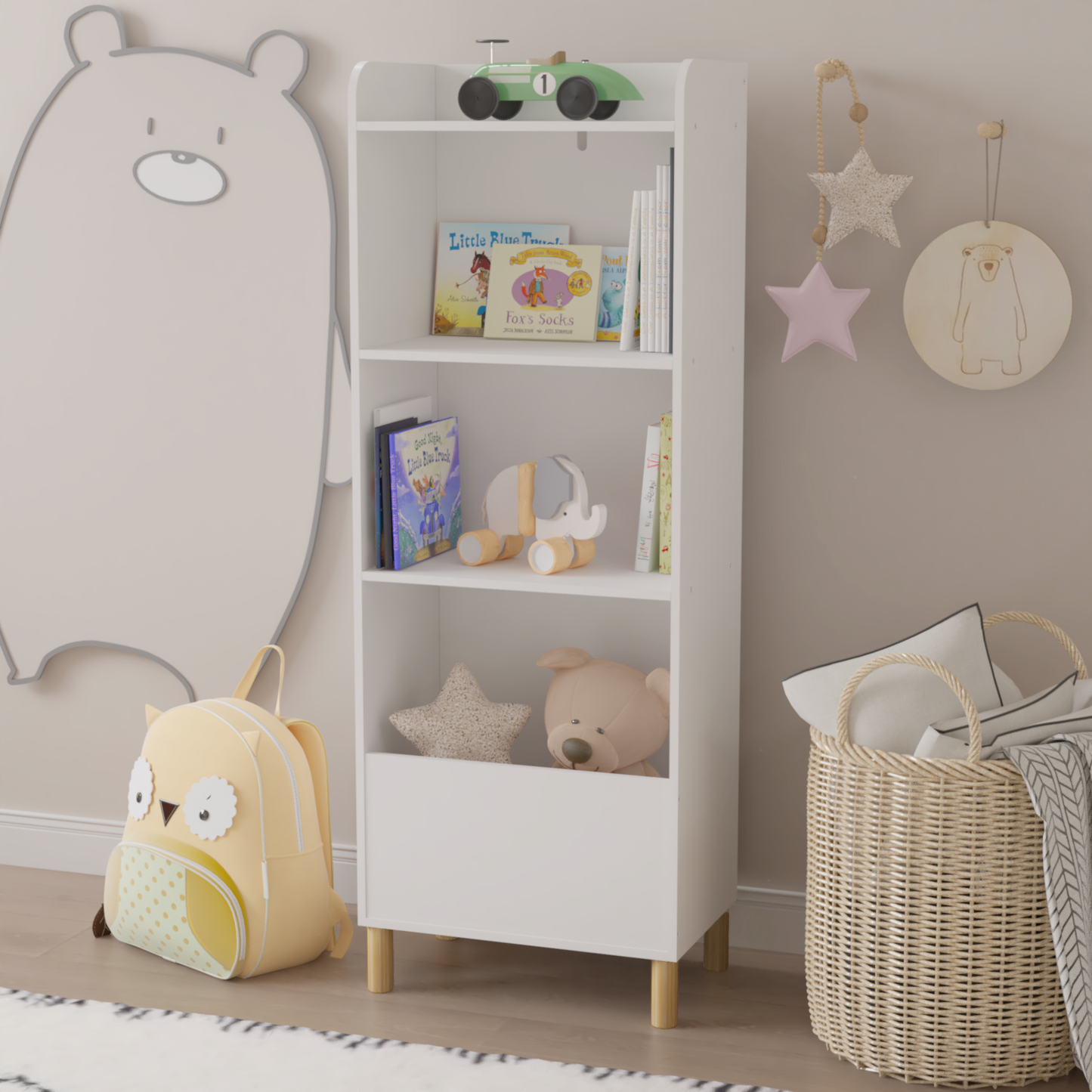 VIYET 51" Kids 4-Tier Bookcase, White MDF+Pine Legs Storage Organizer w/ Anti-Tipping Device (Nursery/Playroom Display Rack)