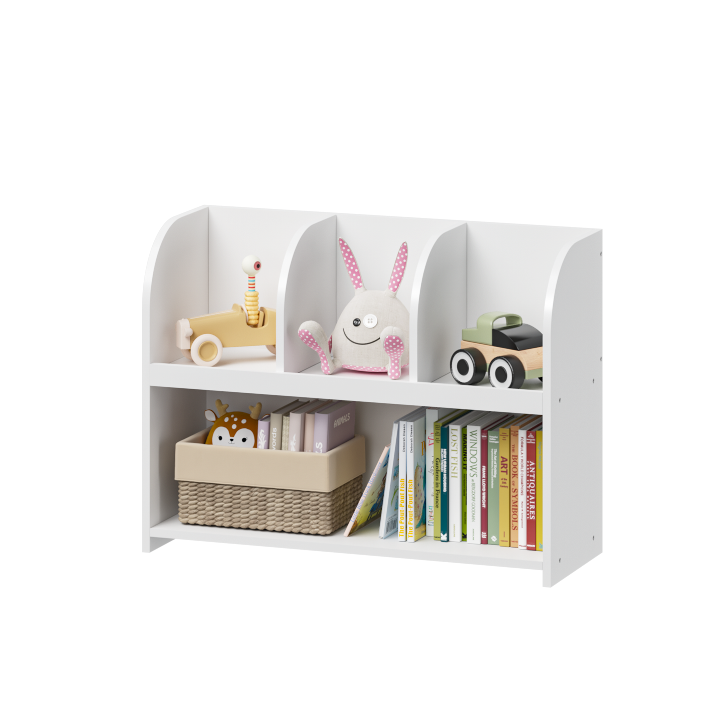 VIYET 24" Kids 4-Compartment Bookcase, White MDF Storage Display Rack (Anti-Tipping Toy Organizer for Playroom/Nursery)