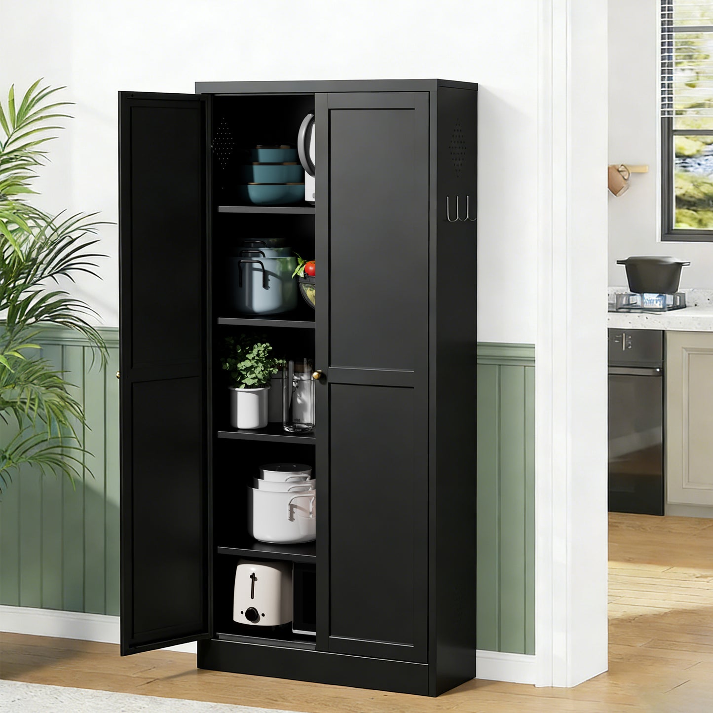 VIYET 61" Black Metal Kitchen Pantry Cabinet, 4 Adjustable Shelves 110lb Capacity, Heavy Duty Freestanding Organizer