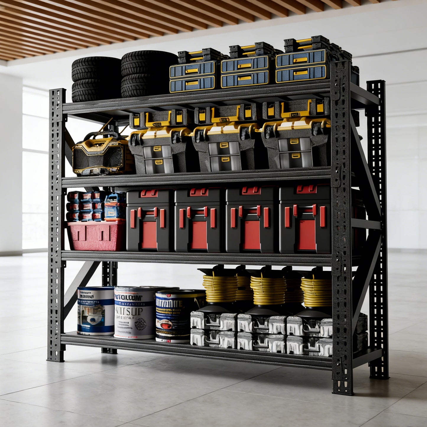 VIYET 4-Shelf Heavy Duty Metal Garage Shelving, 5000 LBS Capacity Adjustable Industrial Storage Unit, 63"H×67"W×23.7", Open Rack for Warehouse Gym, Black