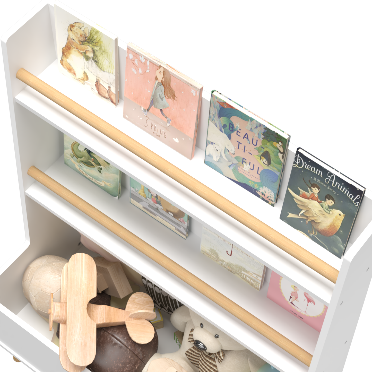 VIYET 37" Kids Bookshelf & Toy Organizer - White MDF+Pine Legs, 2 Shelves, Storage Bin, Anti-Tipping