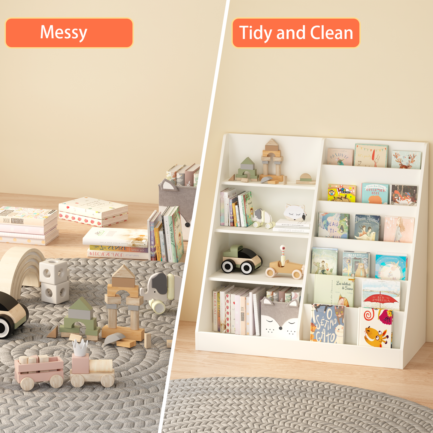 VIYET Kids Bookshelf and Toy Storage Organizer, 4 Tier Wooden Book Display Shelf with Storage Bin for Playroom, Nursery and Bedroom, White