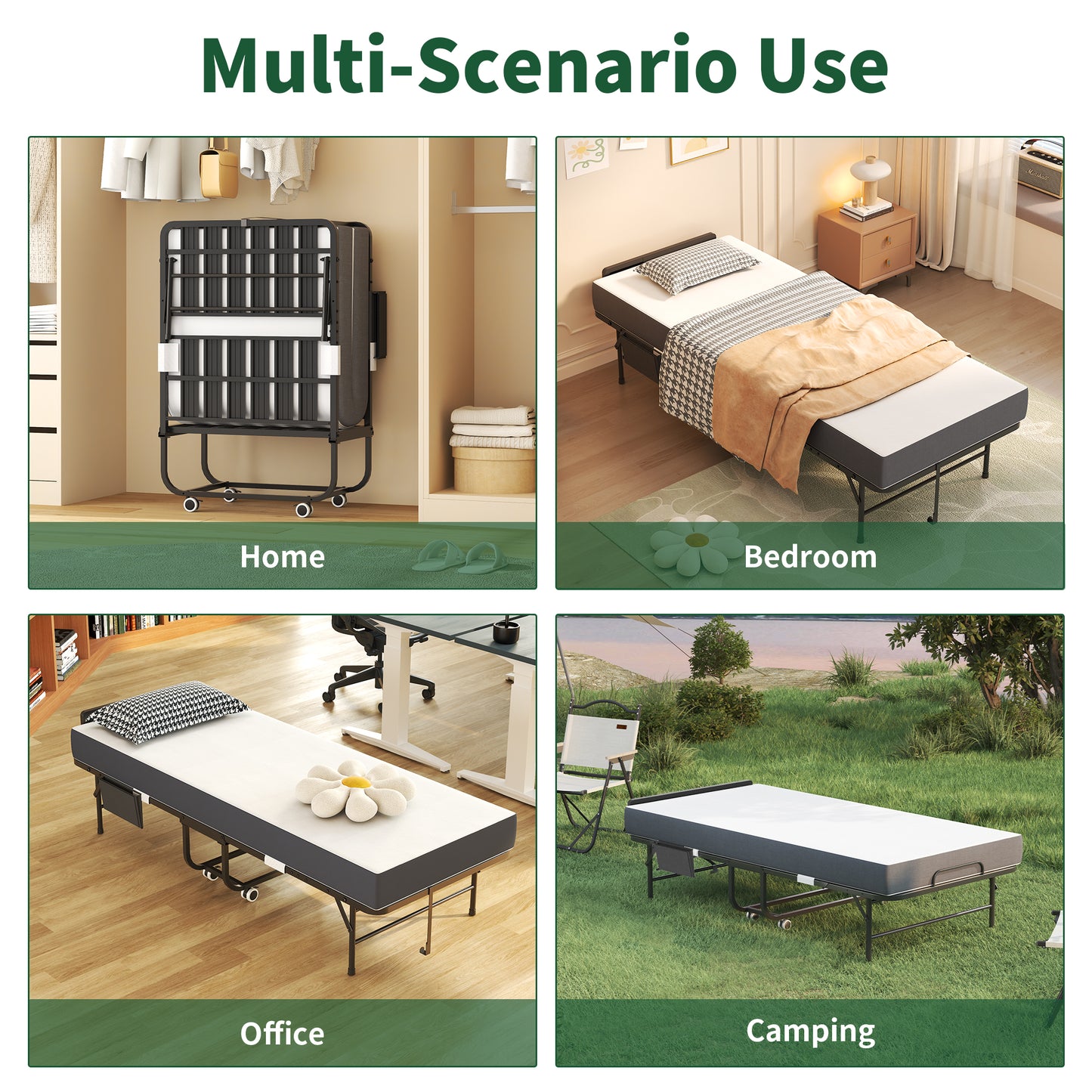 VIYET 75" Folding Rollaway Guest Bed with Adjustable Headboard, 5" Memory Foam Mattress, 450LBS Metal Frame Portable Twin Cot on Wheels