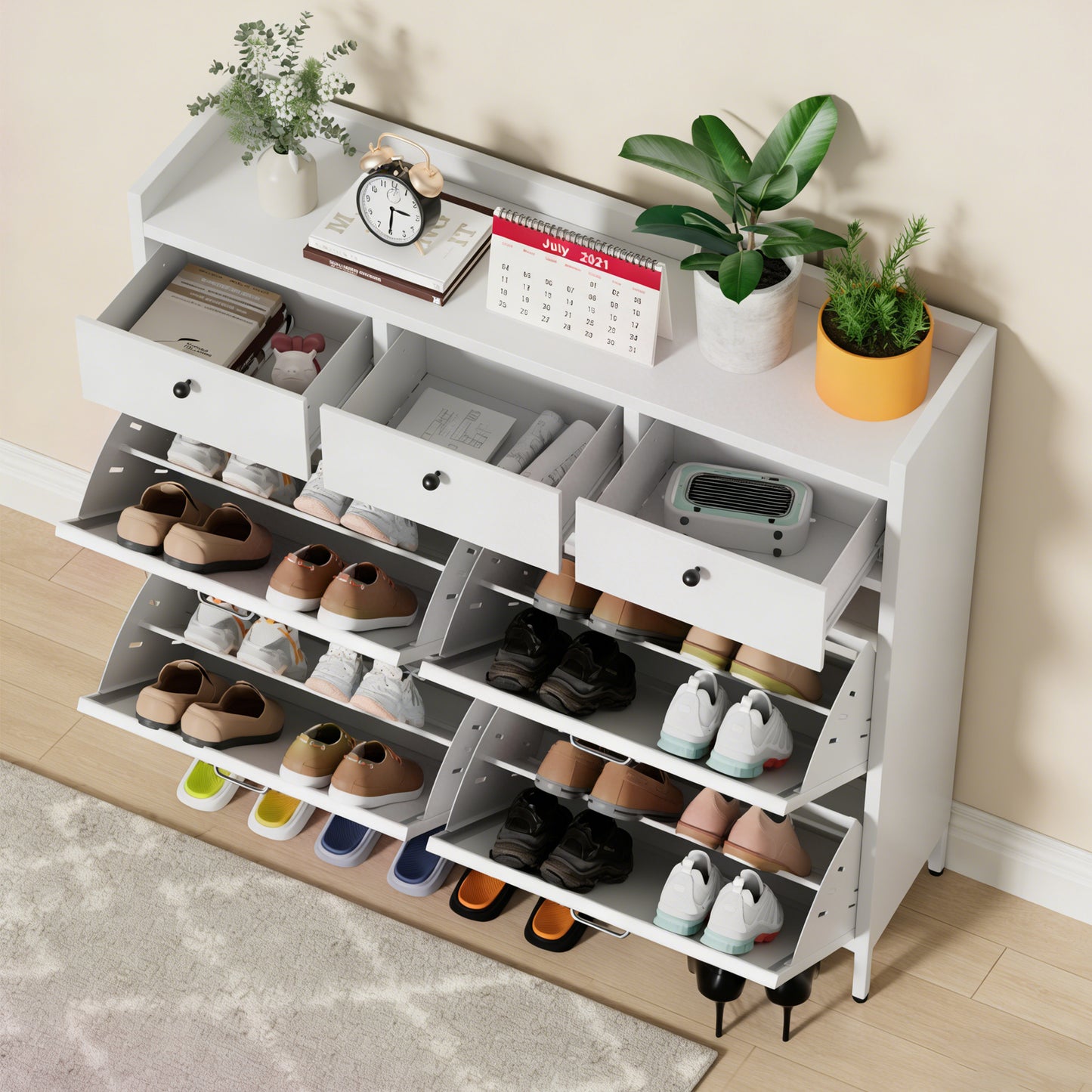 VIYET Metal Shoe Cabinet White, 4 Flip Drawers + 3 Storage Drawers, Entryway Shoe Storage Cabinet, Anti-Tip Narrow Shoe Organizer