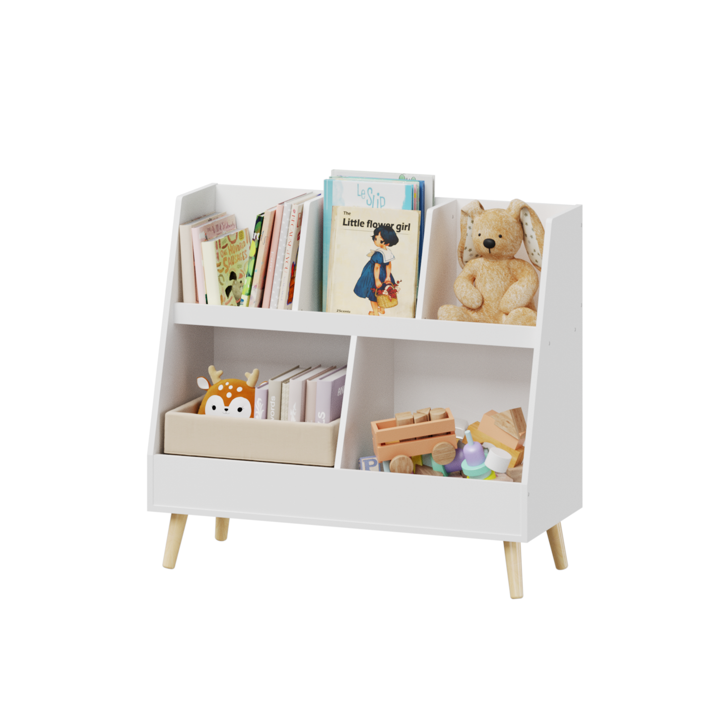 VIYET 28" Kids 5-Cubby Bookshelf Toy Organizer,White Wooden 2-Tier Storage Rack w/ Pine Legs (Anti-Tipping Nursery/Playroom Organizer)