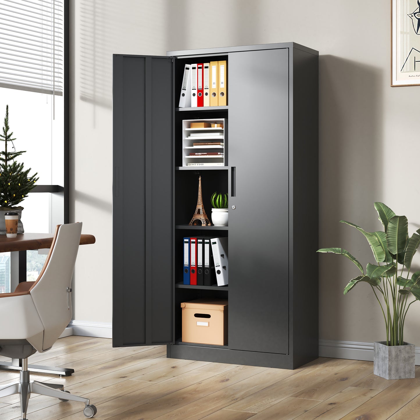 VIYET 72"H Metal Garage Storage Cabinet, Black Lockable Steel Cabinet with 4 Adjustable Shelves & Doors for Home Office Pantry Classroom