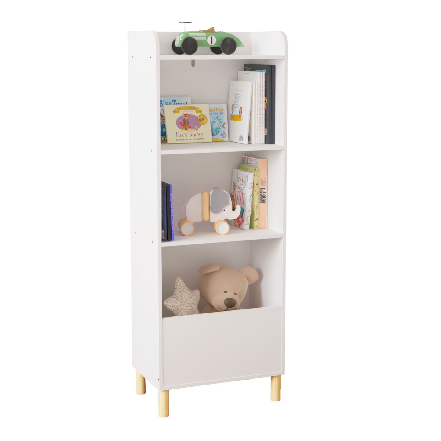 VIYET 51" Kids 4-Tier Bookcase, White MDF+Pine Legs Storage Organizer w/ Anti-Tipping Device (Nursery/Playroom Display Rack)