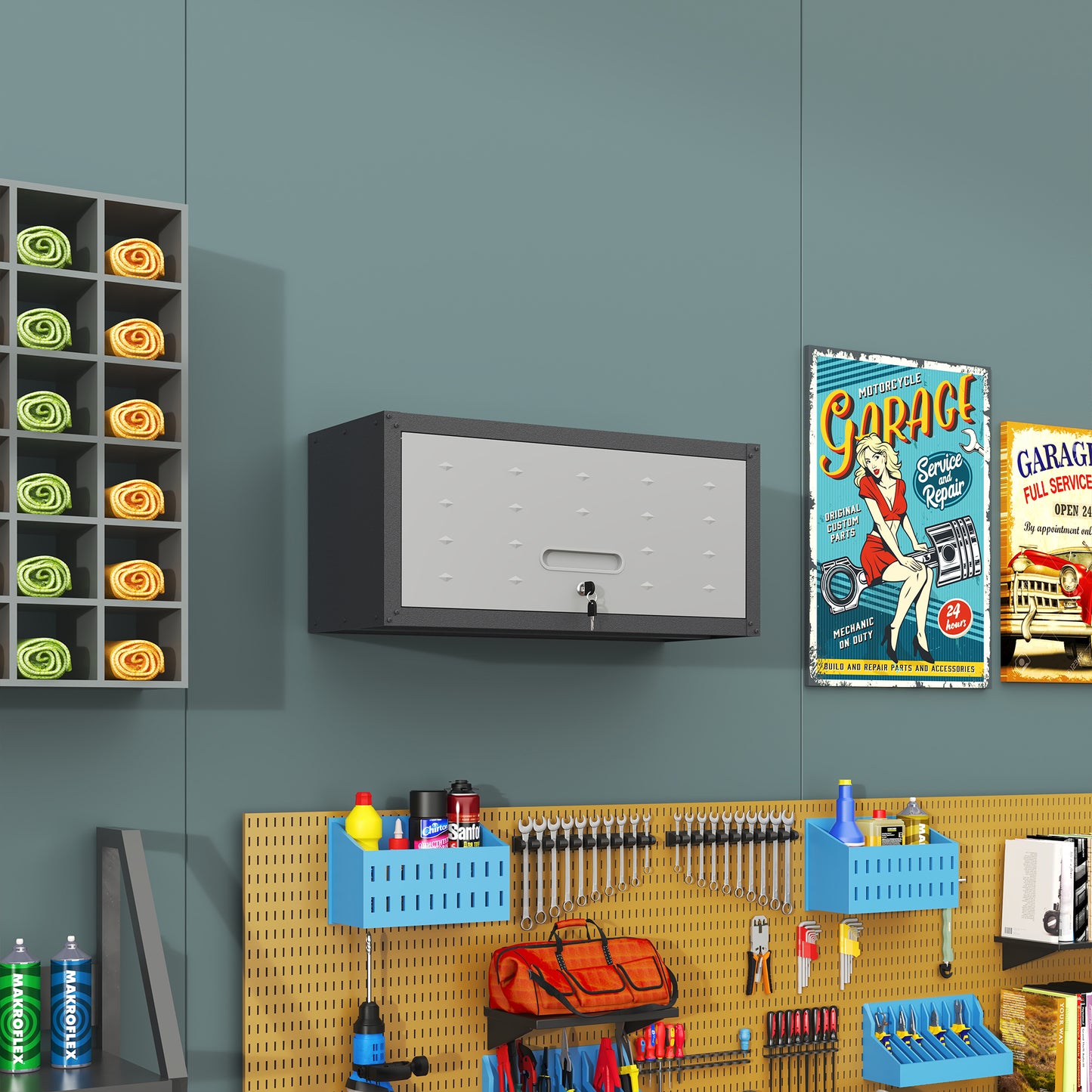 VIYET Wall Mounted Tool Storage Cabinet, Heavy Duty Steel Garage Cabinet with Lock, Hydraulic Lift Door, Workshop & Utility Room Wall Organizer