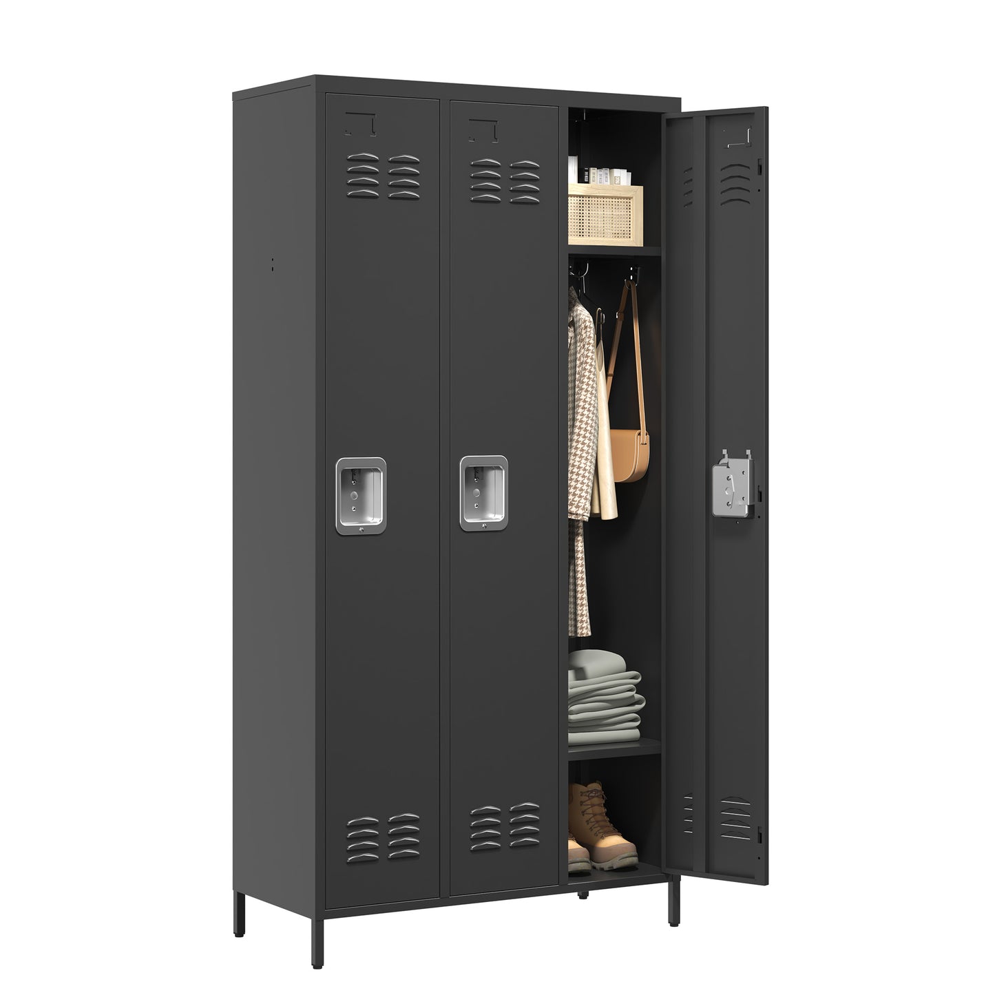 VIYET 72" 3 Door Metal Locker Storage Cabinet with Locks, Freestanding Employee Locker for Office, School, Gym, Garage & Home, Black