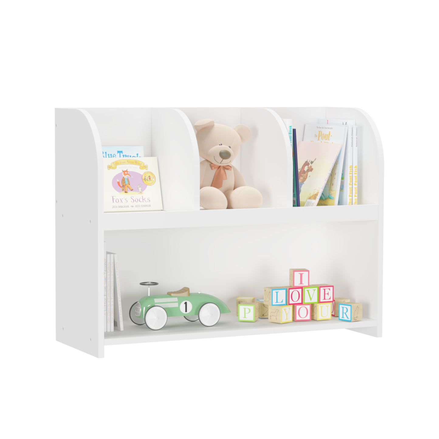 VIYET 24" Kids 4-Compartment Bookcase, White MDF Storage Display Rack (Anti-Tipping Toy Organizer for Playroom/Nursery)