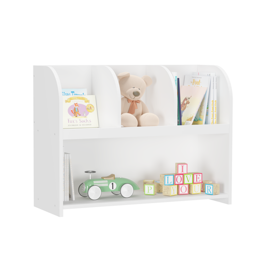 VIYET 24" Kids 4-Compartment Bookcase, White MDF Storage Display Rack (Anti-Tipping Toy Organizer for Playroom/Nursery)