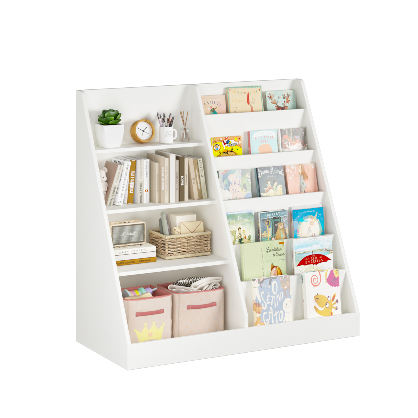 VIYET Kids Bookshelf and Toy Storage Organizer, 4 Tier Wooden Book Display Shelf with Storage Bin for Playroom, Nursery and Bedroom, White