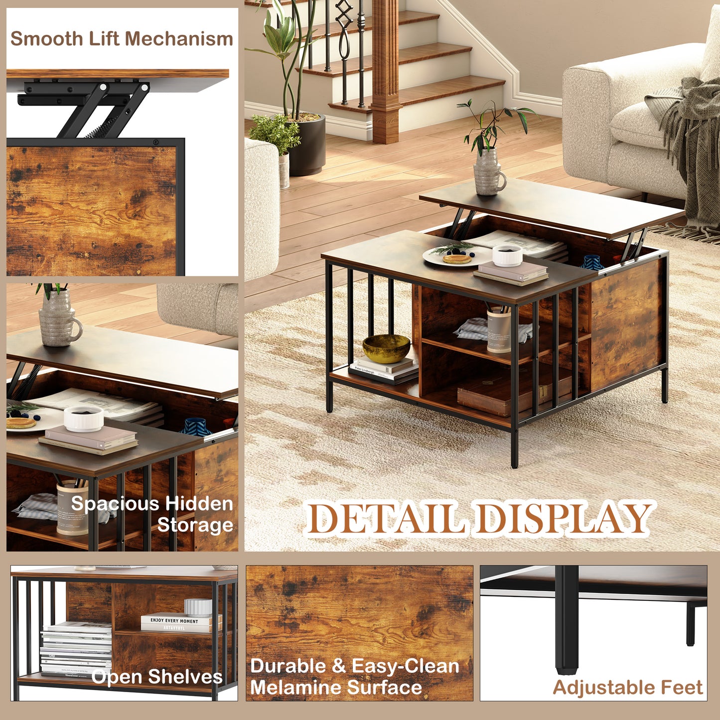 VIYET 32"H Farmhouse Lift Top Coffee Table,Adjustable Height(20.3"-25.6")with Hidden Compartment&3 Shelves,110LBS Capacity for Living Room(Black+Brown)