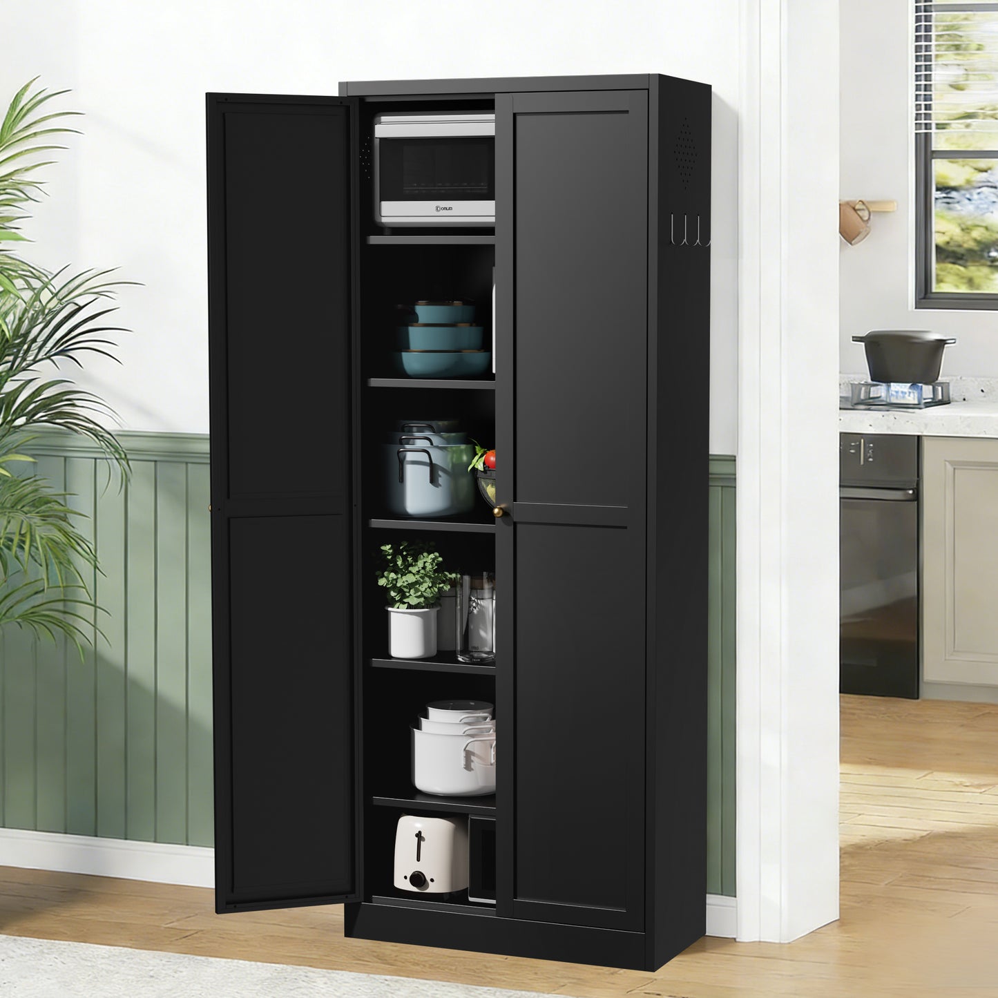 VIYET 72" Black Metal Kitchen Pantry Cabinet with Doors, 5 Adjustable Shelves, Heavy-Duty Tool-Free Freestanding Organizer