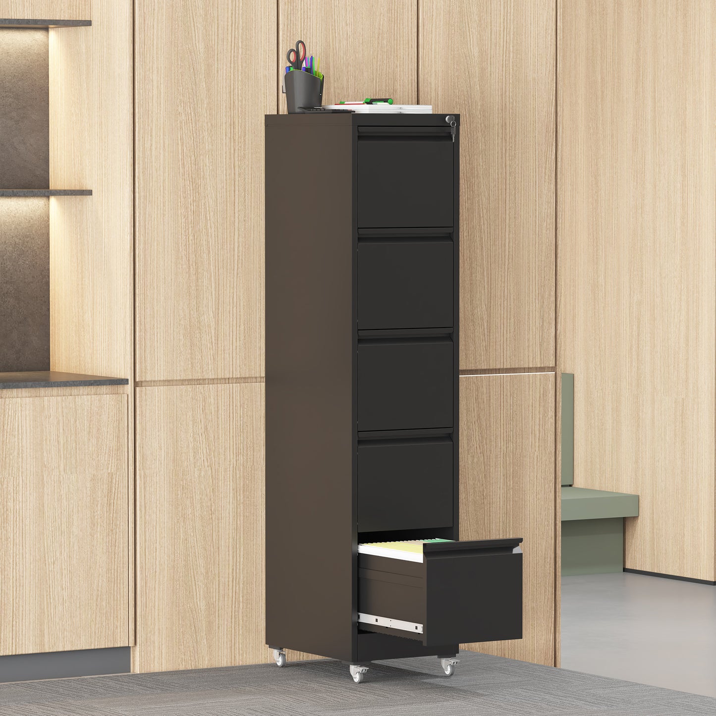 VIYET 64"H 5-Drawer Black Metal Vertical File Cabinet with Lock & Wheels, Heavy-Duty Storage for Home Office, Fits A4/Letter/Legal (Assembly Required)