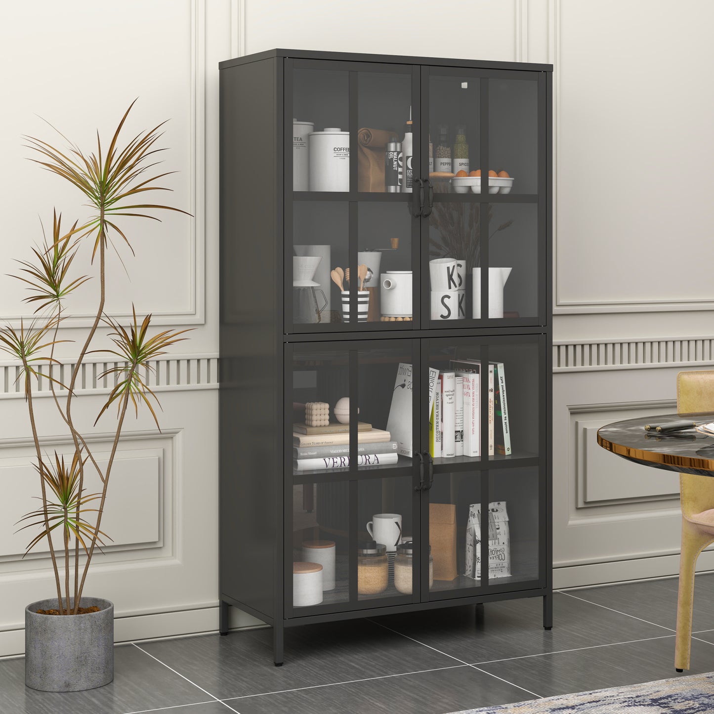 VIYET 63"H Premium Black Metal Storage Cabinet, Tempered Glass Doors + Adjustable Shelves, Anti-Tipping & Magnetic Silent Closure for Home/Office