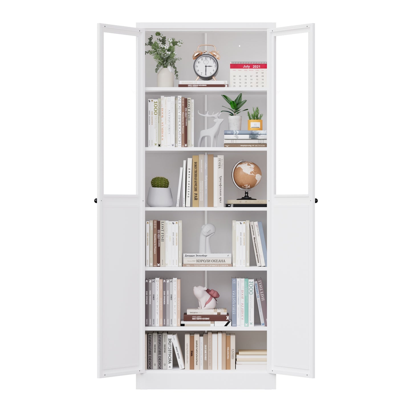 VIYET 72" Glass Door Metal Pantry Cabinet, White Kitchen Storage Cabinet with 5 Adjustable Shelves, Freestanding Display Cabinet