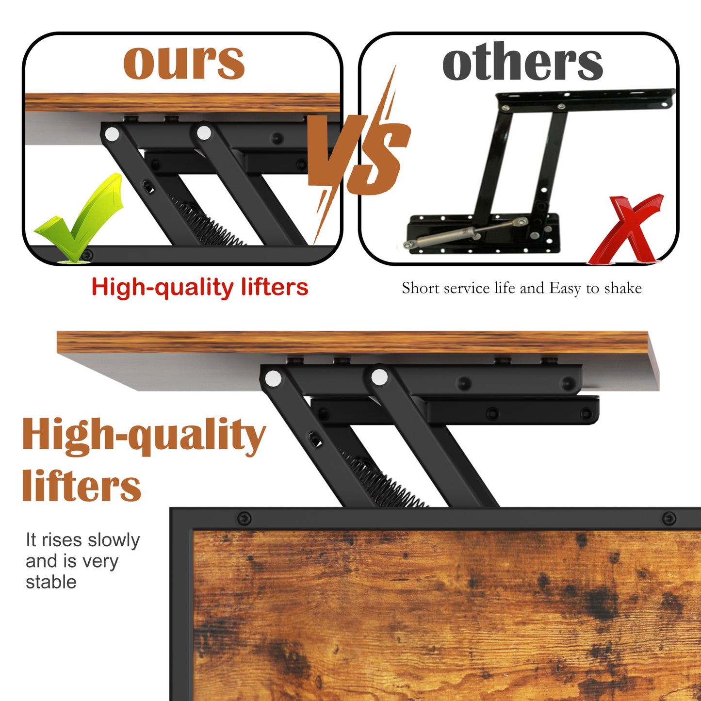 VIYET 32"H Farmhouse Lift Top Coffee Table,Adjustable Height(20.3"-25.6")with Hidden Compartment&3 Shelves,110LBS Capacity for Living Room(Black+Brown)