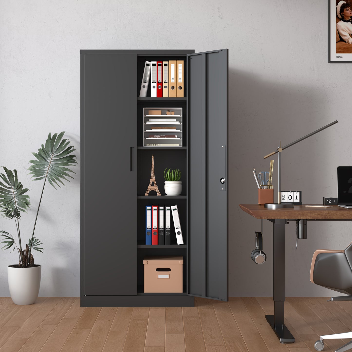 VIYET 72"H Metal Garage Storage Cabinet, Black Lockable Steel Cabinet with 4 Adjustable Shelves & Doors for Home Office Pantry Classroom