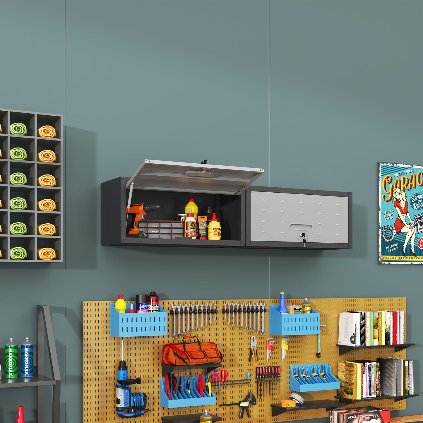 VIYET Wall Mounted Tool Storage Cabinet, Heavy Duty Steel Garage Cabinet with Lock, Hydraulic Lift Door, Workshop & Utility Room Wall Organizer