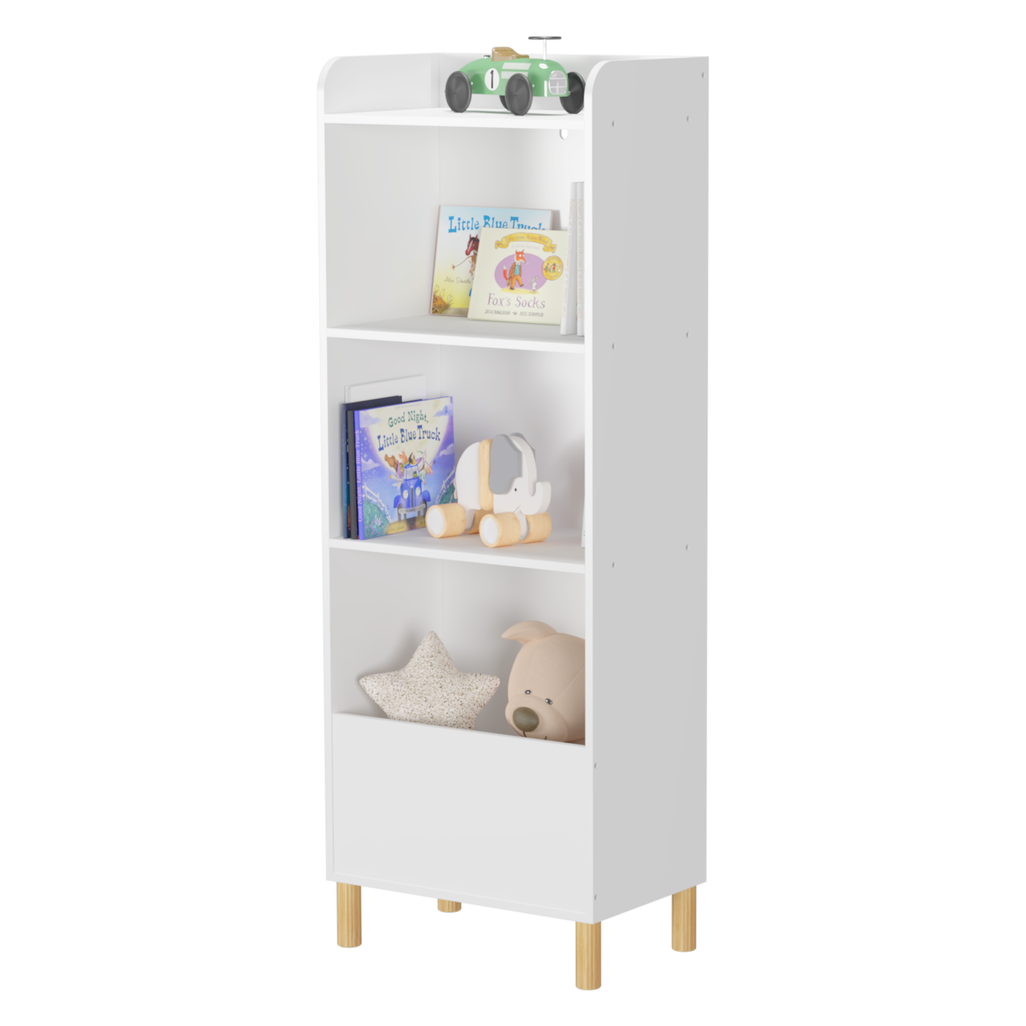 VIYET 51" Kids 4-Tier Bookcase, White MDF+Pine Legs Storage Organizer w/ Anti-Tipping Device (Nursery/Playroom Display Rack)