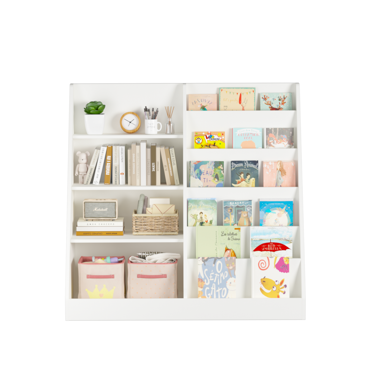 VIYET Kids Bookshelf and Toy Storage Organizer, 4 Tier Wooden Book Display Shelf with Storage Bin for Playroom, Nursery and Bedroom, White