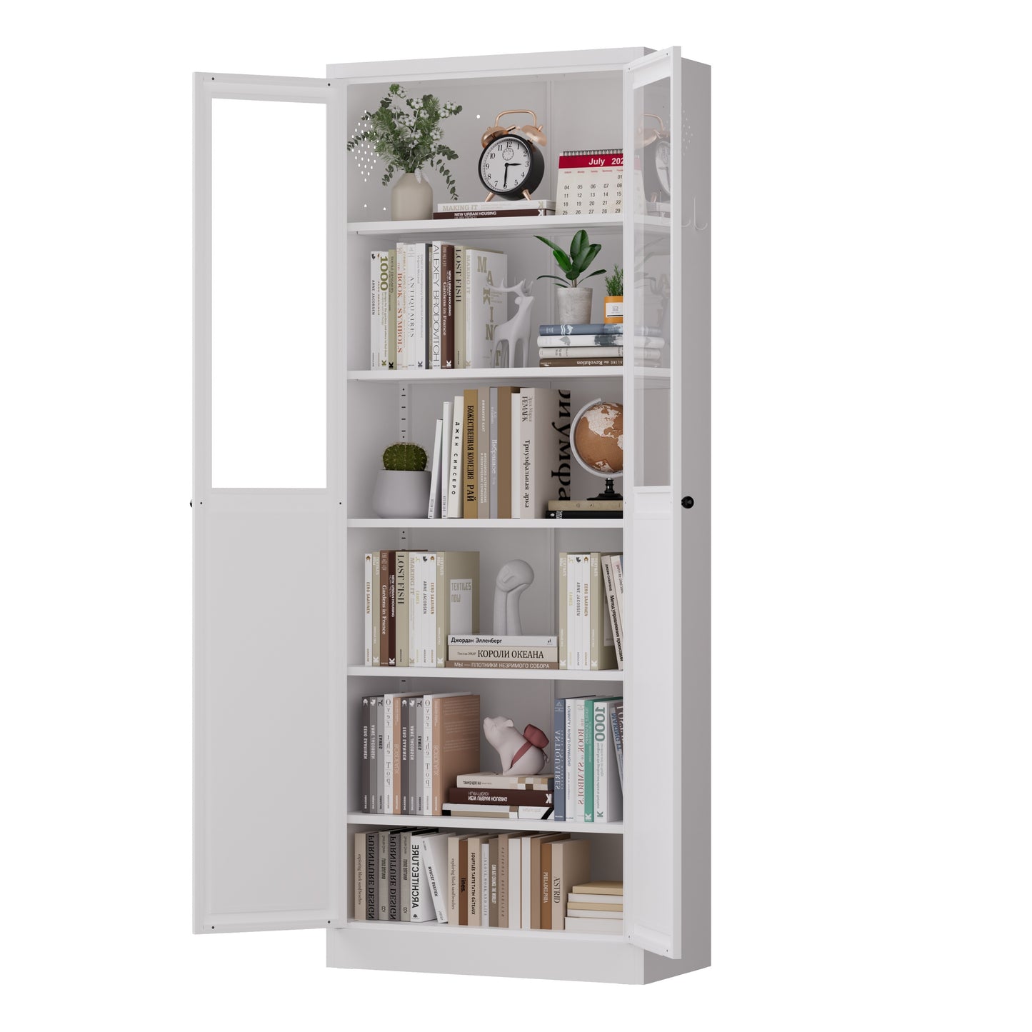 VIYET 72" Glass Door Metal Pantry Cabinet, White Kitchen Storage Cabinet with 5 Adjustable Shelves, Freestanding Display Cabinet