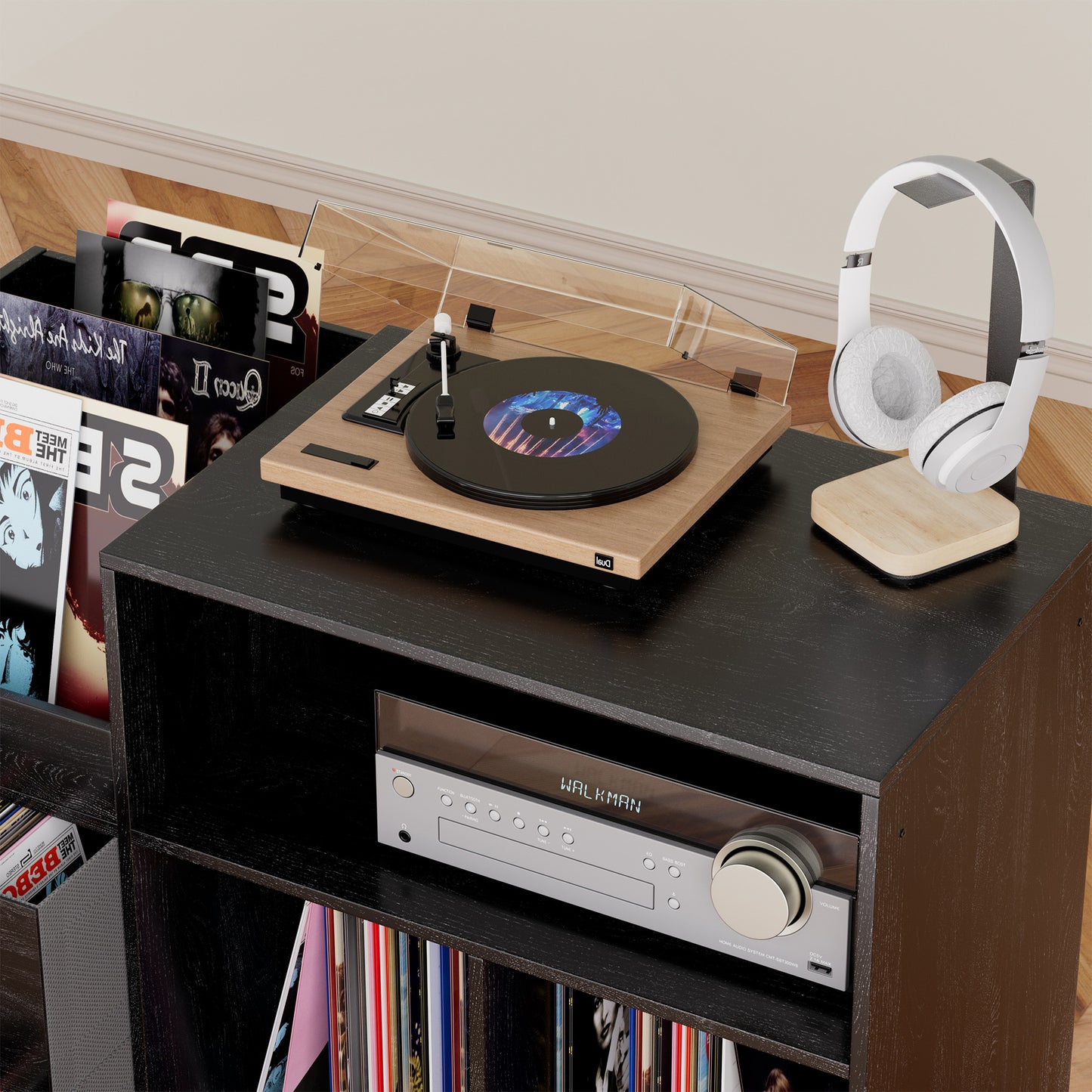 VIYET Record Player Stand with Power Outlet, Vinyl Record Storage Cabinet with Flip Top, Drawers & Dustproof Doors, Black