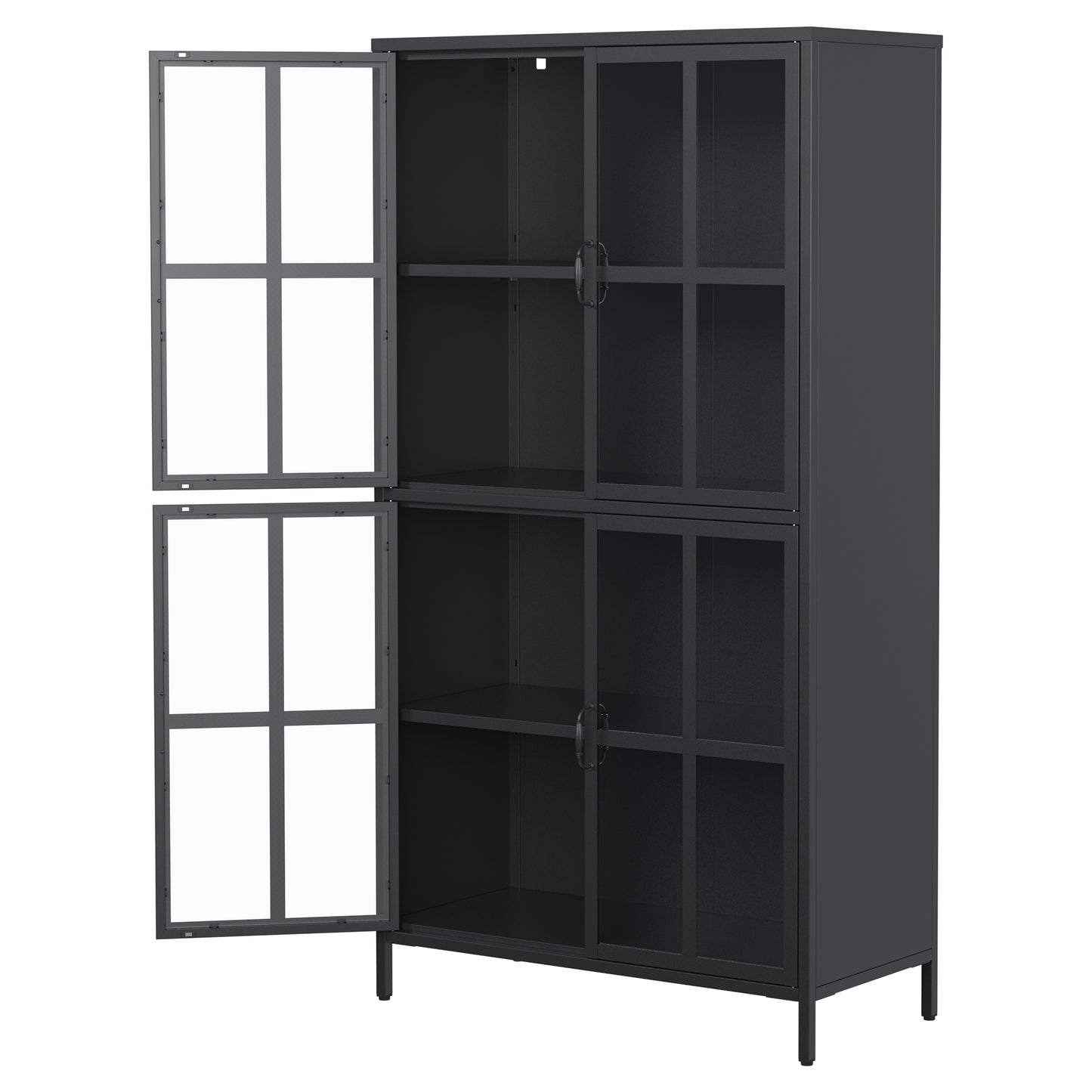 VIYET 63"H Premium Black Metal Storage Cabinet, Tempered Glass Doors + Adjustable Shelves, Anti-Tipping & Magnetic Silent Closure for Home/Office