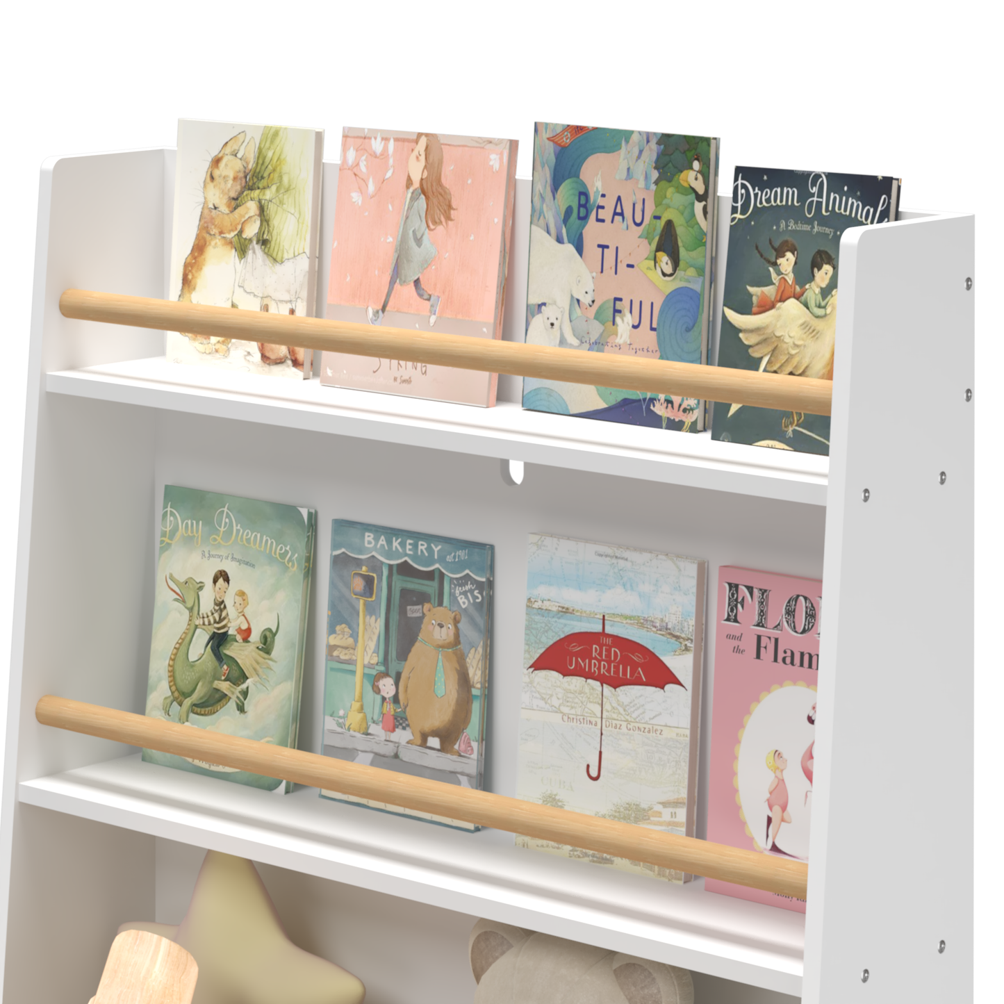 VIYET 37" Kids Bookshelf & Toy Organizer - White MDF+Pine Legs, 2 Shelves, Storage Bin, Anti-Tipping