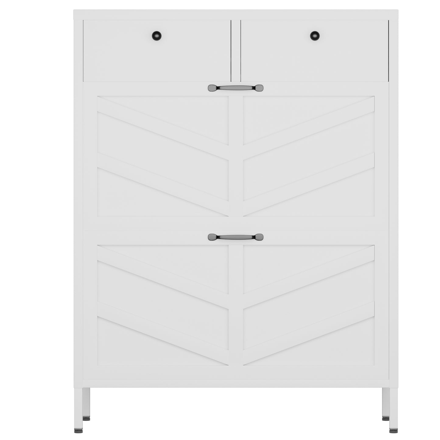 VIYET Slim Metal Shoe Cabinet with 2 Flip Drawers & 2 Top Drawers, Narrow Entryway Storage Organizer, Freestanding Hallway Shoe Rack, White
