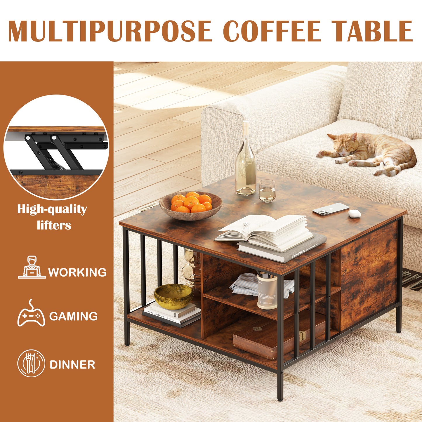 VIYET 32"H Farmhouse Lift Top Coffee Table,Adjustable Height(20.3"-25.6")with Hidden Compartment&3 Shelves,110LBS Capacity for Living Room(Black+Brown)