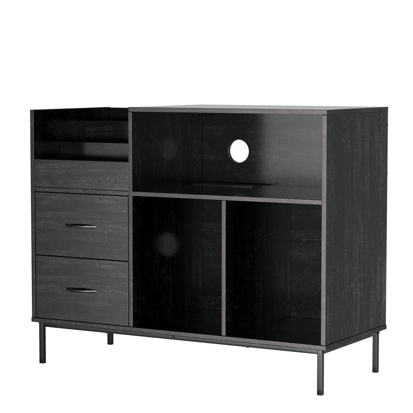 VIYET Record Player Stand with Power Outlet, Vinyl Record Storage Cabinet with Flip Top, Drawers & Dustproof Doors, Black