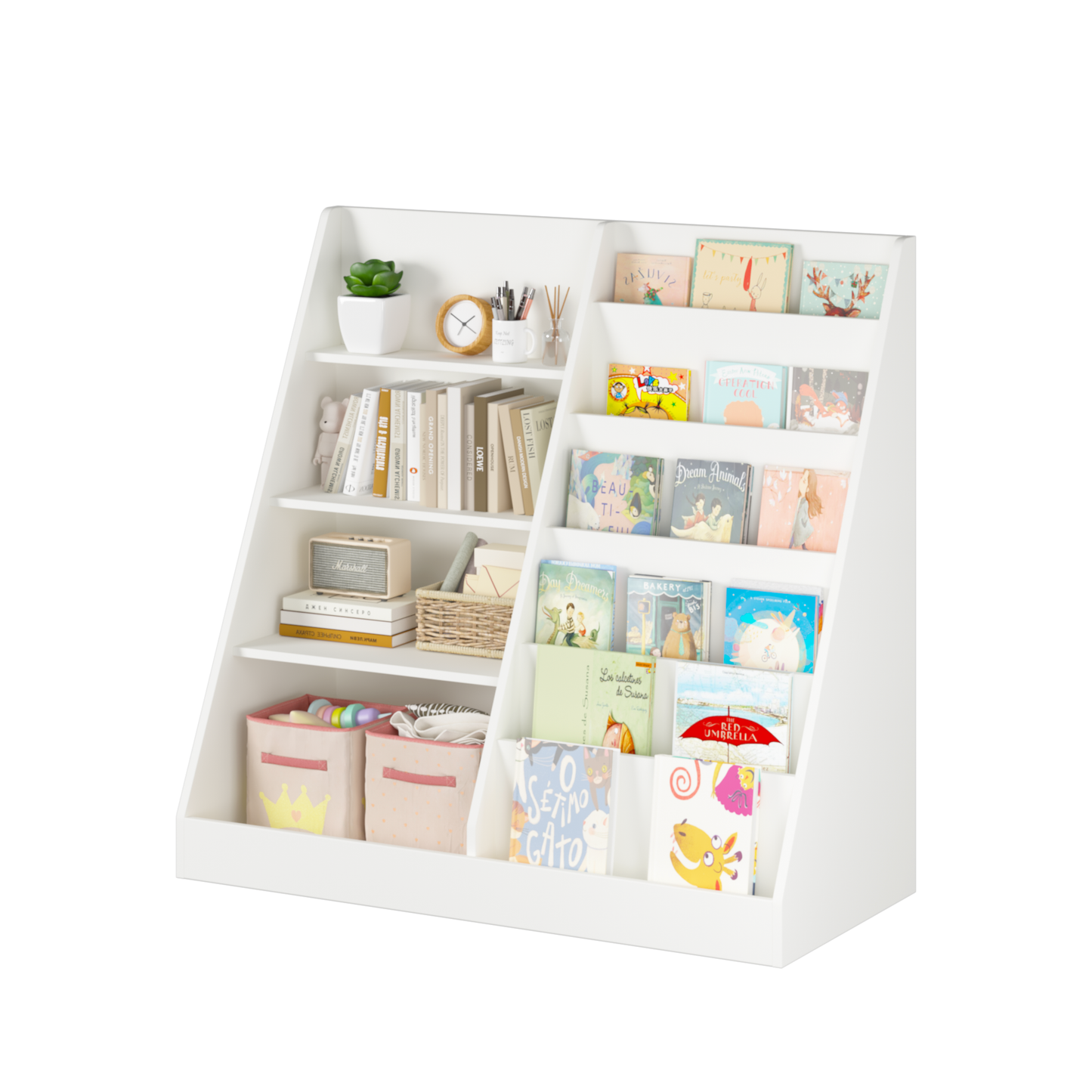 VIYET Kids Bookshelf and Toy Storage Organizer, 4 Tier Wooden Book Display Shelf with Storage Bin for Playroom, Nursery and Bedroom, White
