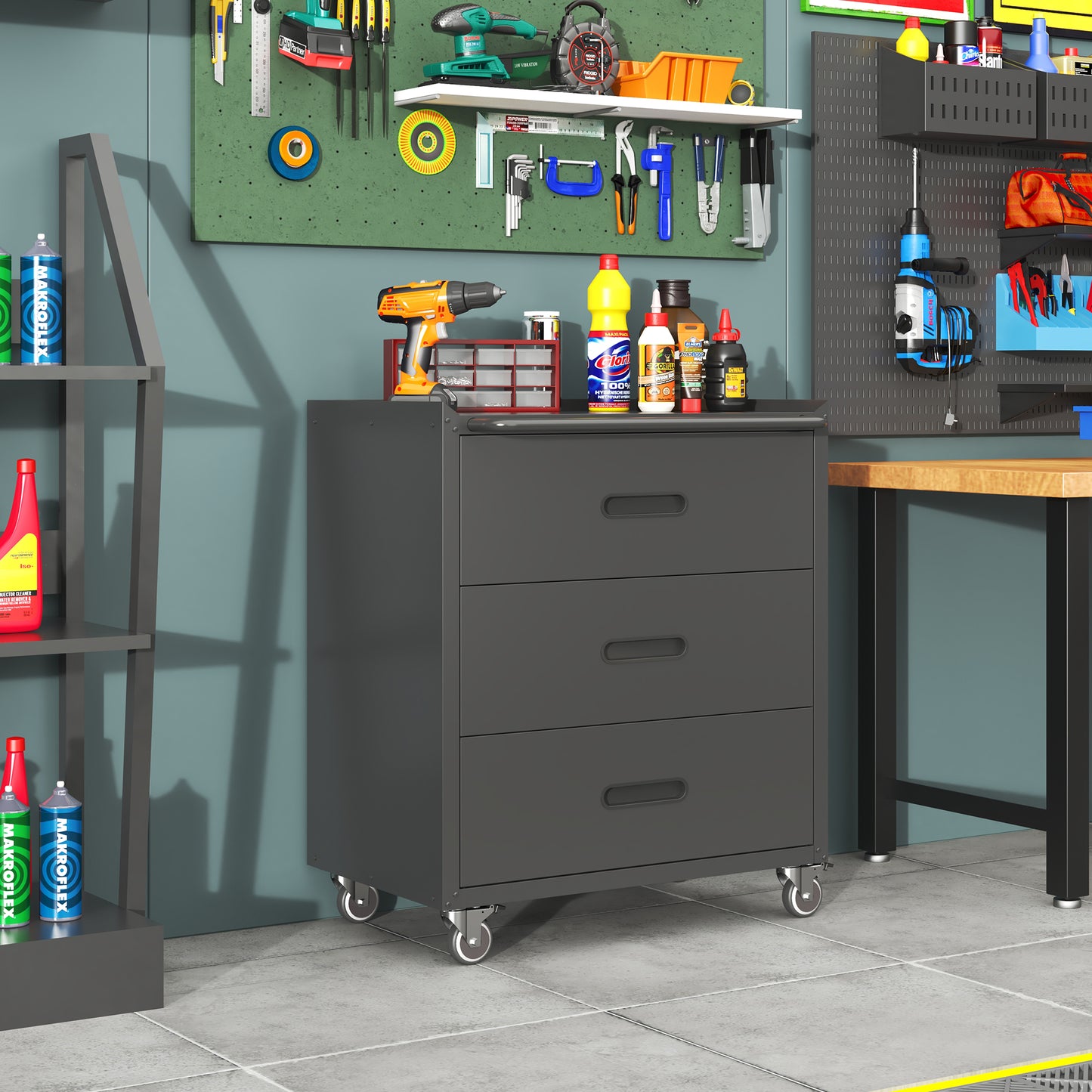 VIYET 35"H 3-Drawer Heavy-Duty Steel Storage Cabinet, Lockable Wheels,200LBS Capacity, Garage/Office/Home, Black+Gray