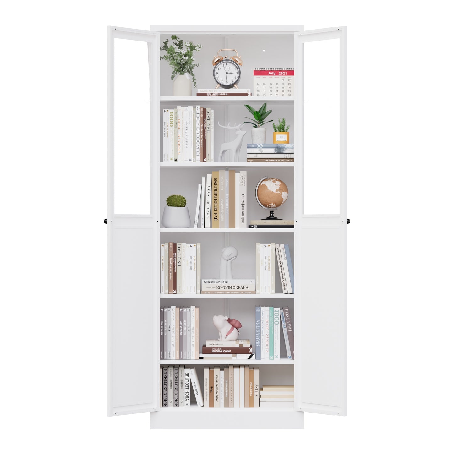 VIYET 72" Glass Door Metal Pantry Cabinet, White Kitchen Storage Cabinet with 5 Adjustable Shelves, Freestanding Display Cabinet
