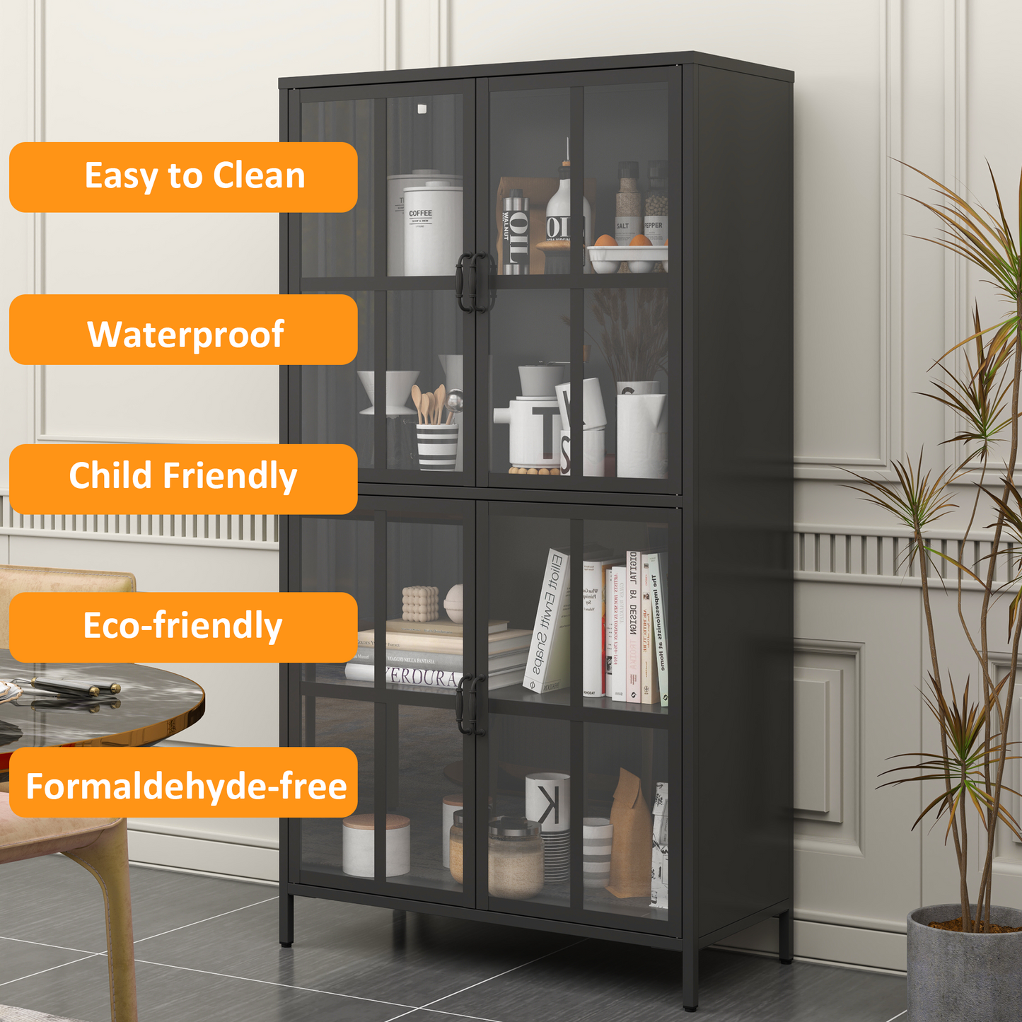 VIYET 63"H Premium Black Metal Storage Cabinet, Tempered Glass Doors + Adjustable Shelves, Anti-Tipping & Magnetic Silent Closure for Home/Office