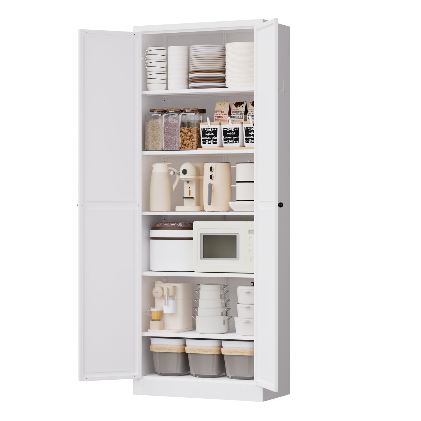 VIYET 72" Metal Pantry Cabinet with Doors, White Kitchen Storage Cabinet, Freestanding Organizer with 5 Adjustable Shelves
