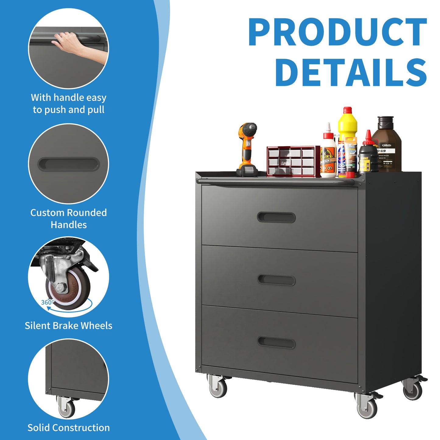 VIYET 35"H 3-Drawer Heavy-Duty Steel Storage Cabinet, Lockable Wheels,200LBS Capacity, Garage/Office/Home, Black+Gray