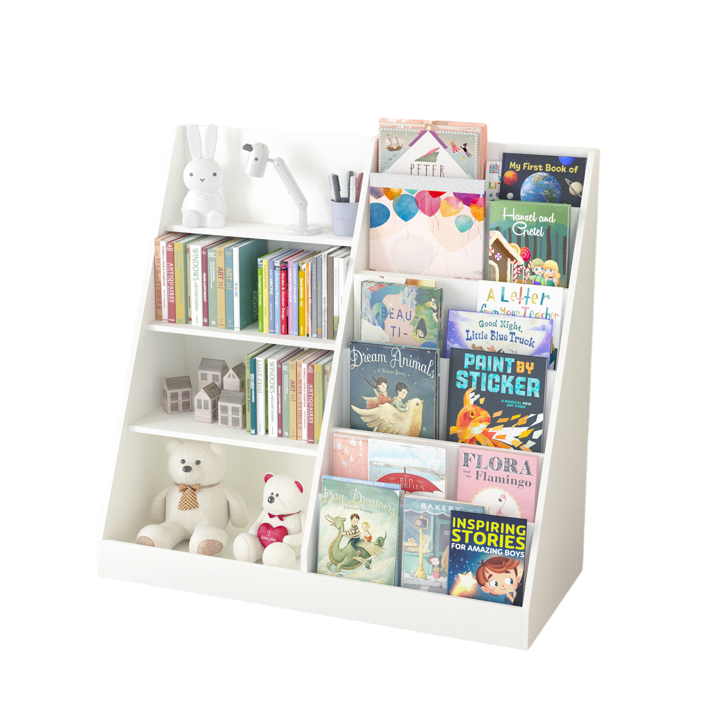 VIYET Kids Bookshelf and Toy Storage Organizer, 4 Tier Wooden Book Display Shelf with Storage Bin for Playroom, Nursery and Bedroom, White