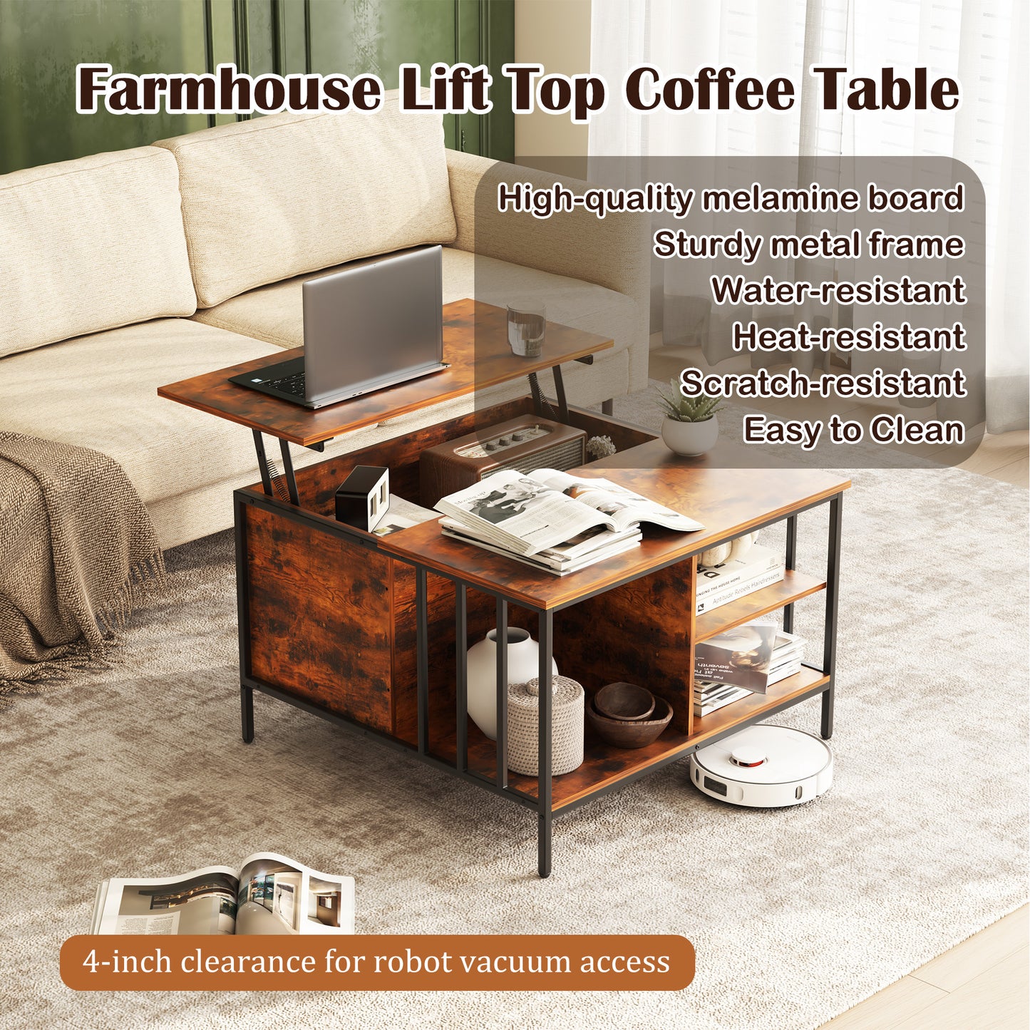 VIYET 32"H Farmhouse Lift Top Coffee Table,Adjustable Height(20.3"-25.6")with Hidden Compartment&3 Shelves,110LBS Capacity for Living Room(Black+Brown)