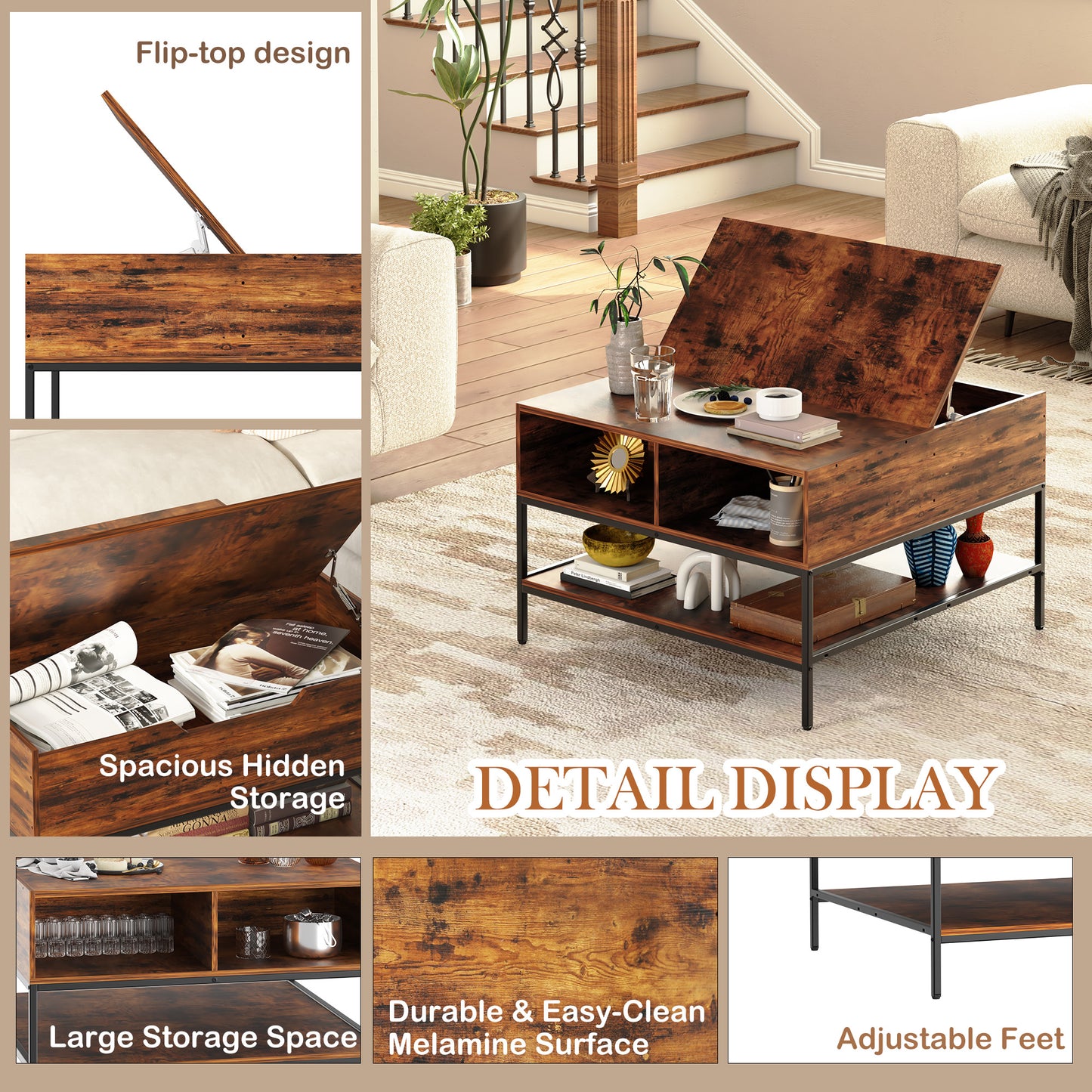 VIYET 32"H Farmhouse Flip Top Coffee Table with Storage, Rustic Wood Grain + Metal Frame, Hidden Compartment & Open Shelves for Living Room, Easy to Assemble & Clean (Black+Brown)