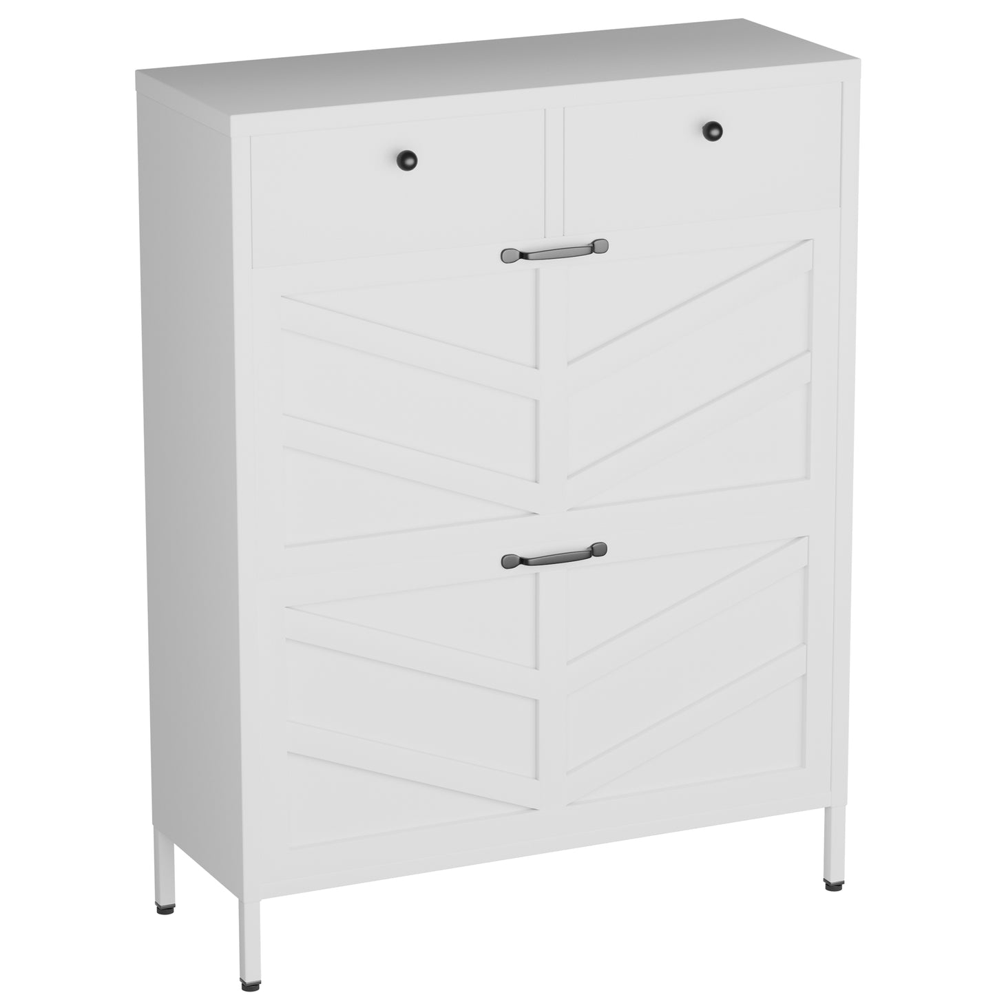 VIYET Slim Metal Shoe Cabinet with 2 Flip Drawers & 2 Top Drawers, Narrow Entryway Storage Organizer, Freestanding Hallway Shoe Rack, White
