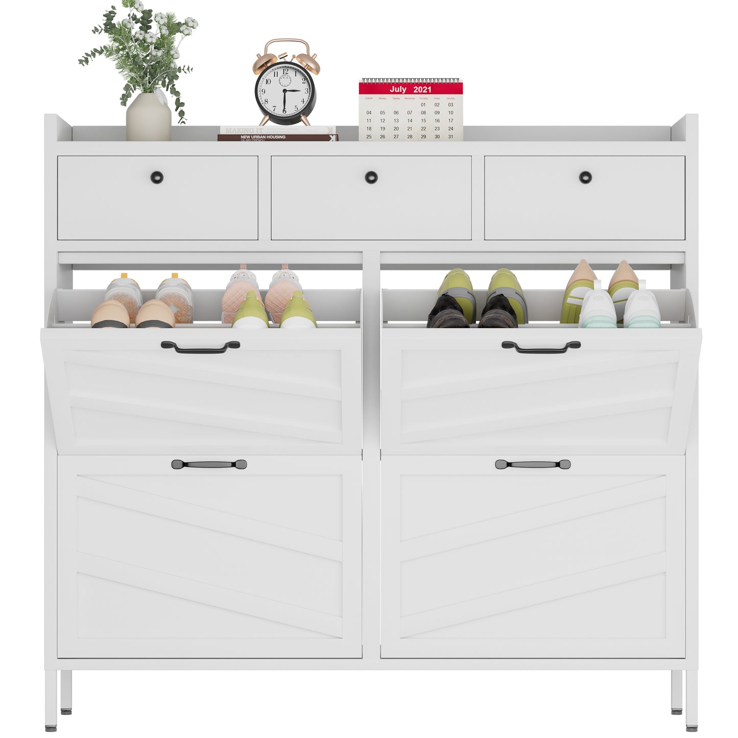 VIYET Metal Shoe Cabinet White, 4 Flip Drawers + 3 Storage Drawers, Entryway Shoe Storage Cabinet, Anti-Tip Narrow Shoe Organizer