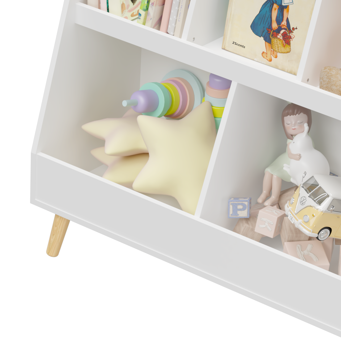 VIYET 28" Kids 5-Cubby Bookshelf Toy Organizer,White Wooden 2-Tier Storage Rack w/ Pine Legs (Anti-Tipping Nursery/Playroom Organizer)