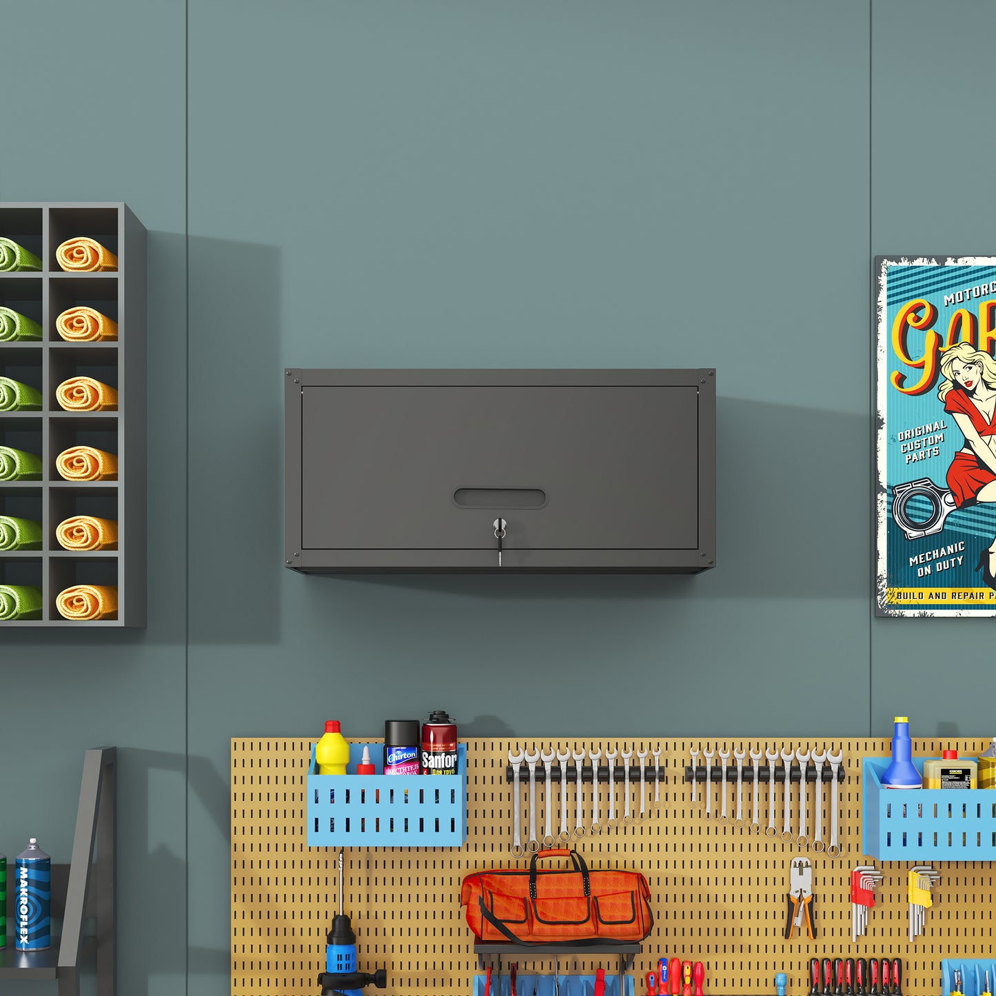 VIYET 13"H Heavy-Duty Wall-Mounted Metal Cabinet - Hydraulic Lift Door + Lock, Modern Black Storage for Garage/Workshop/Utility Room/Pantry